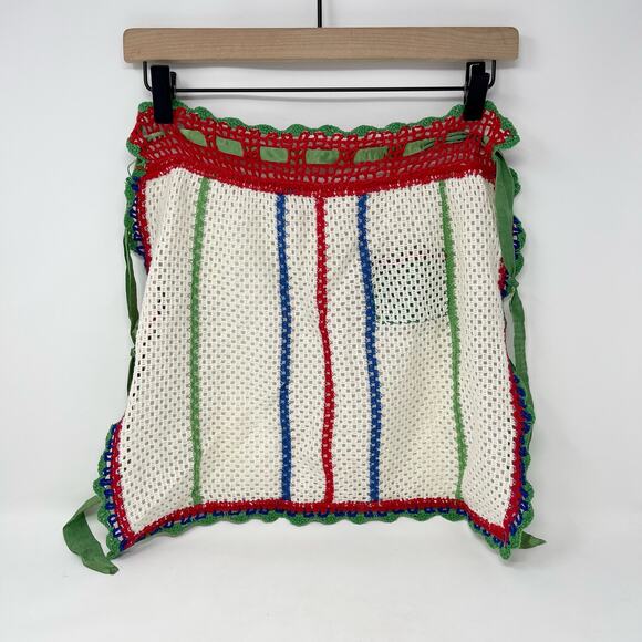 Vintage Off-White w/Red Blue Green Stripes Hand Crochet Green Pocket Half Apron‎ - Picture 6 of 6